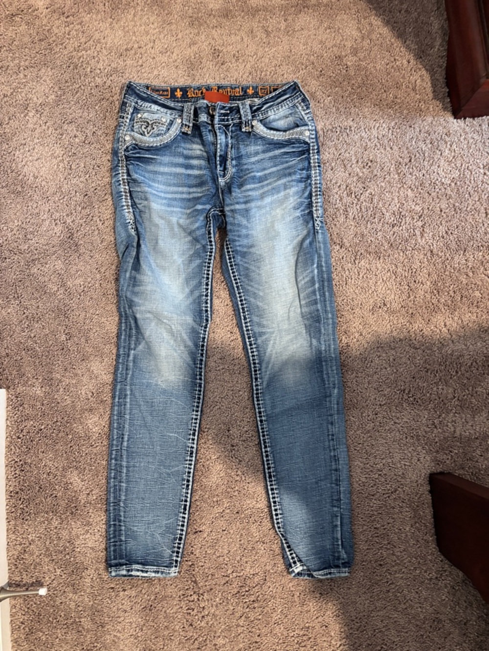 Rock Revival Distressed Light Blue Boot-Cut Jeans with Embroidered Pockets - Picture 2 of 2
